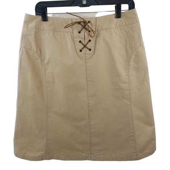 Liz Claiborne Khaki Vintage Skirt Front Zip Rear Leather Lace Size 10 - Picture 2 of 5